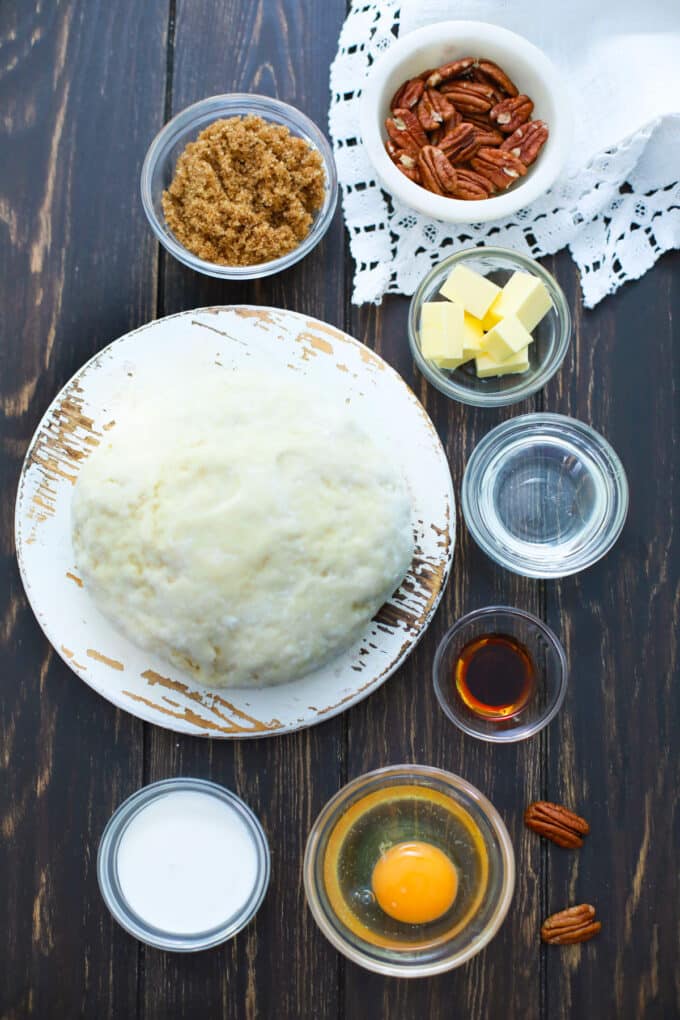 Overhead shot of mini pecan pie tarts recipe ingredients.