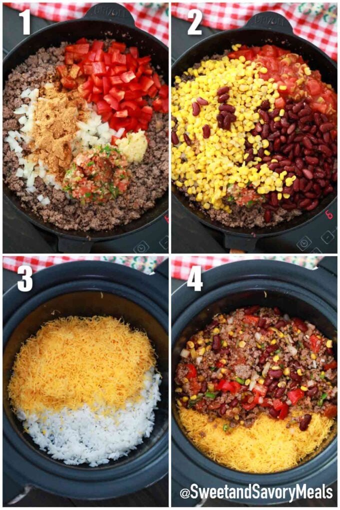 photo collage of steps how to make slow cooker taco casserole