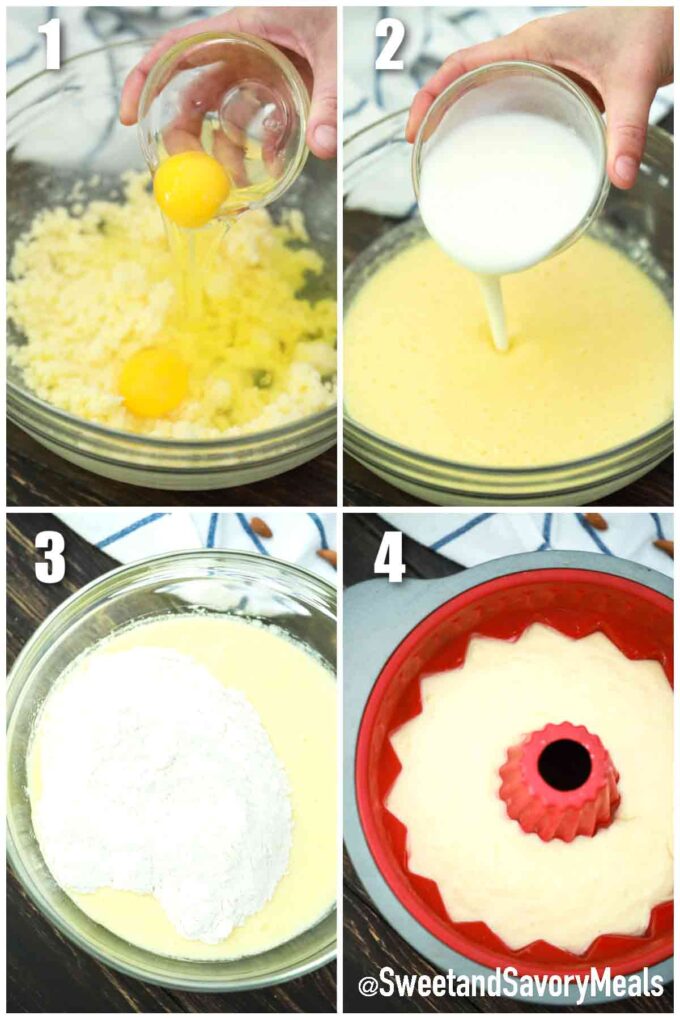 photo collage of steps how to make almond bundt cake