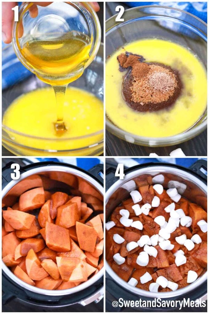 photo collage of steps how to make instant pot candied sweet potatoes