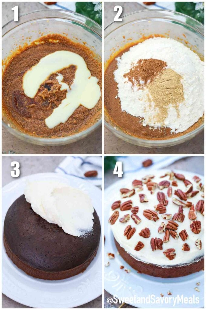 photo collage of steps how to make pressure cooker gingerbread cake