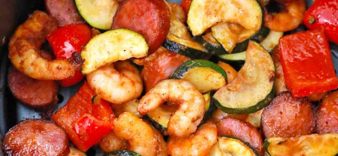 air fried shrimp dinner with sausage and veggies
