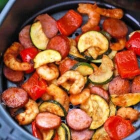 air fried shrimp dinner with sausage and veggies