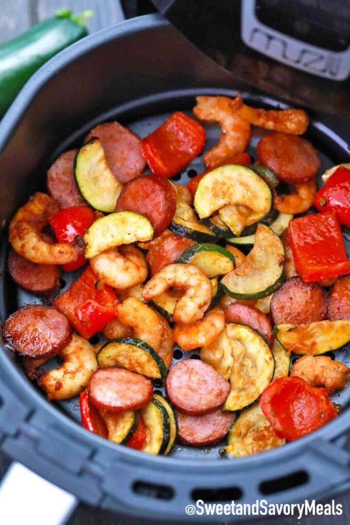 air fried shrimp dinner with sausage and veggies