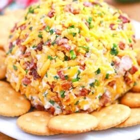 jalapeno popper cheese ball on a plate with crackers