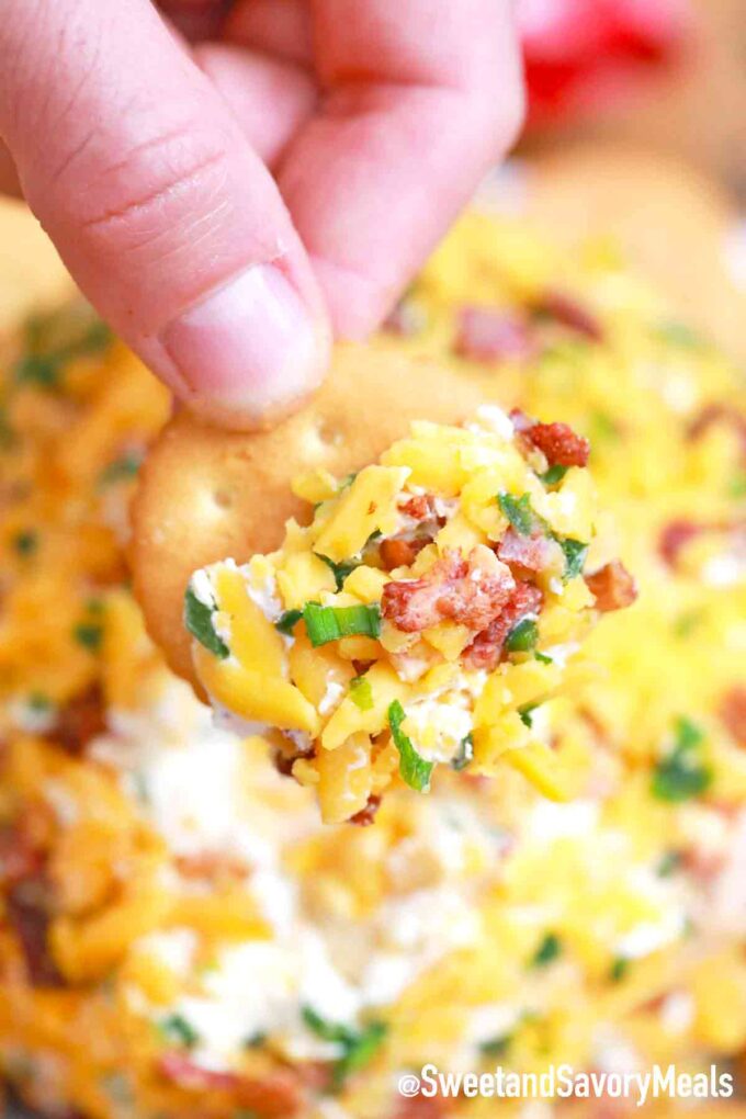 a cracker with jalapeno popper cheese ball spread
