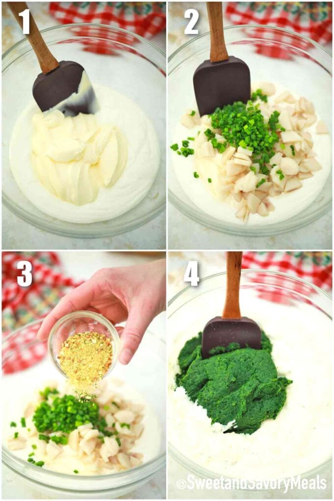 photo collage of steps how to make knorr spinach dip
