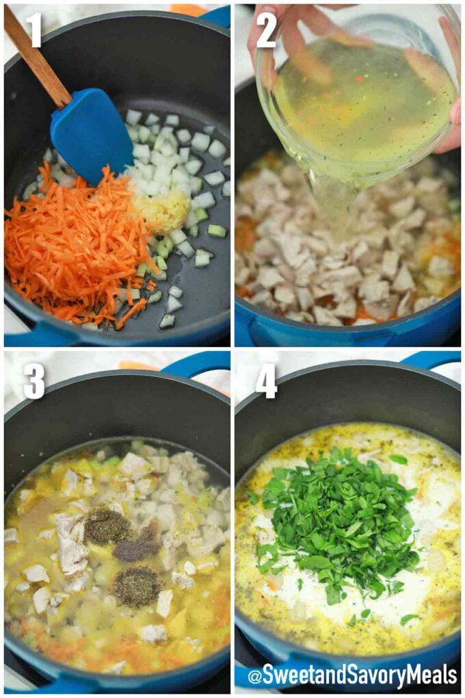 photo collage of steps how to make Olive Garden chicken gnocchi soup