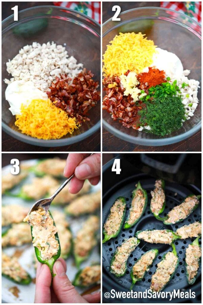 photo collage of steps how to make air fryer jalapeno poppers