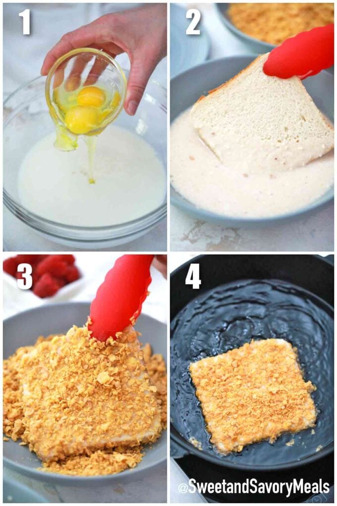 photo collage of steps how to make cornflakes Crusted French toast