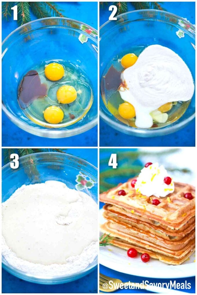 photo collage of steps how to make eggnog waffles