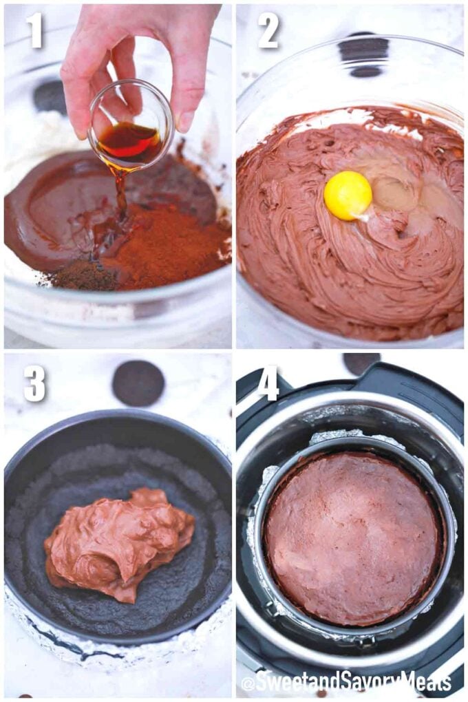 photo collage of steps how to make chocolate cheesecake