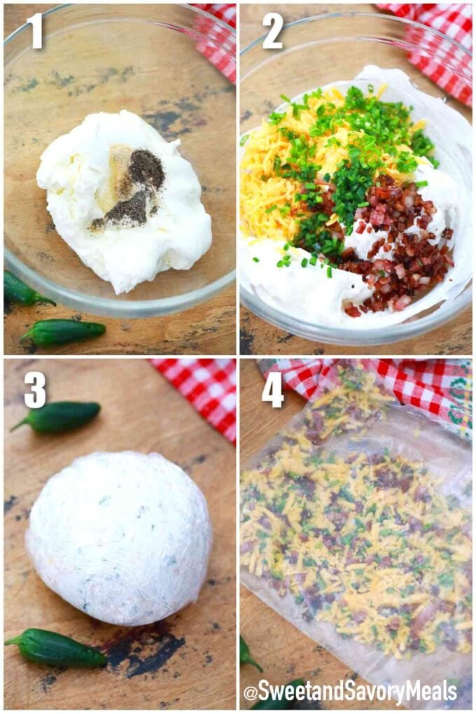 photo collage of steps how to make jalapeno popper cheese ball