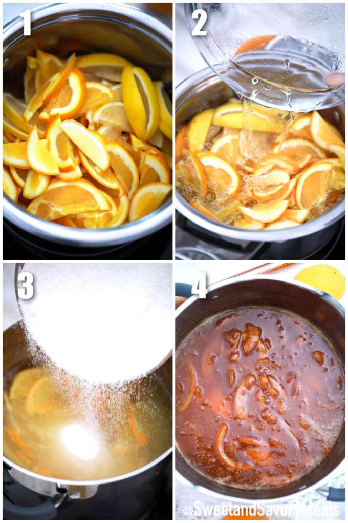 photo collage of steps how to make orange marmalade