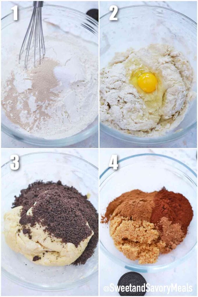 photo collage of steps how to make oreo cinnamon rolls