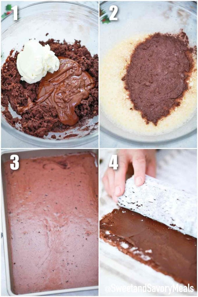photo collage of steps how to make sliced Yule log cake