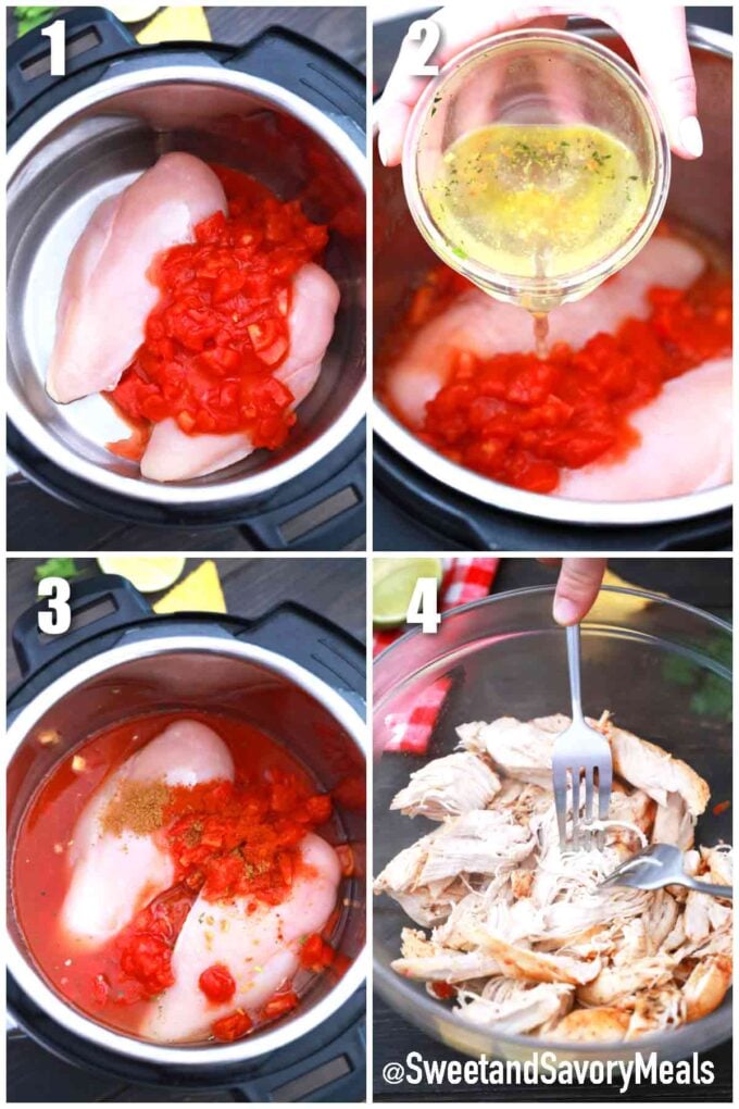 photo collage of steps how to make instant pot chicken fajita soup