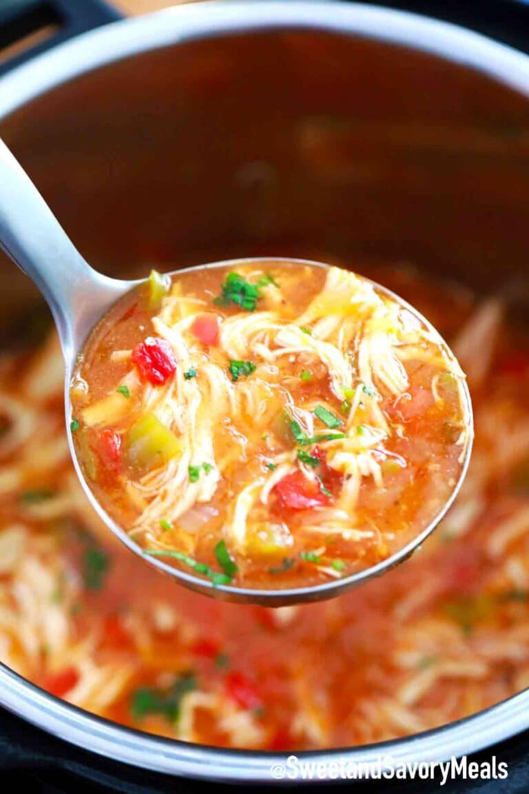 a ladle of pressure cooker chicken fajita soup