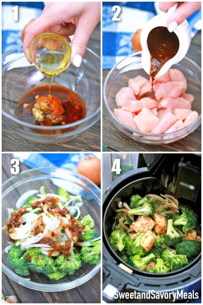 photo collage of steps how to make air fryer chicken and broccoli