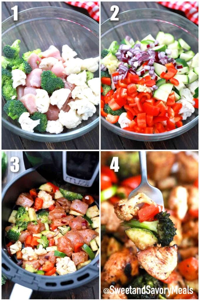 photo collage of steps how to make air fryer chicken and veggies