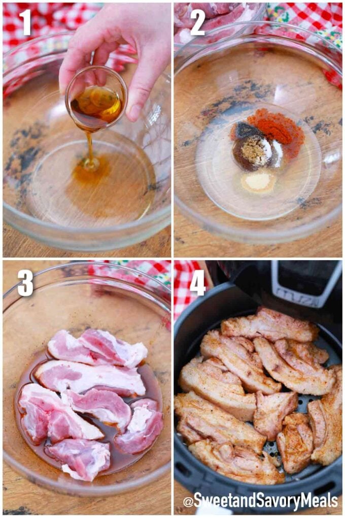 photo collage of steps how to make air fryer pork belly bites
