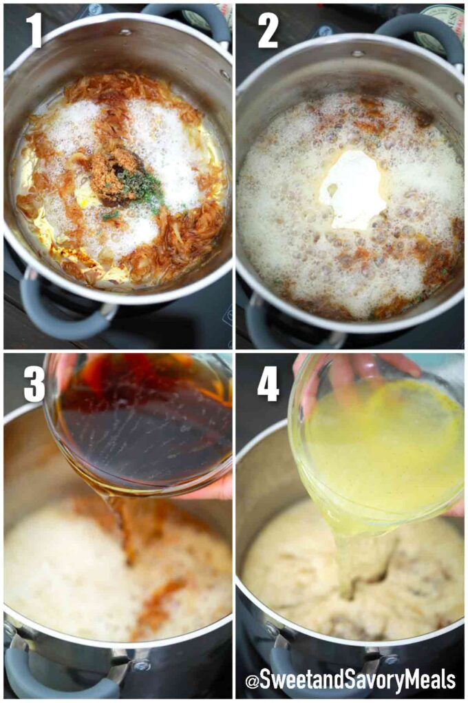 photo collage of steps how to make Guinness French onion soup