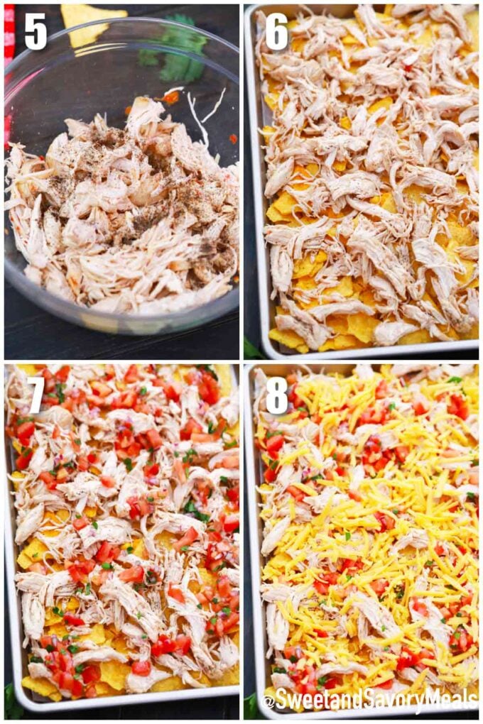 photo collage of steps how to make instant pot chicken nachos