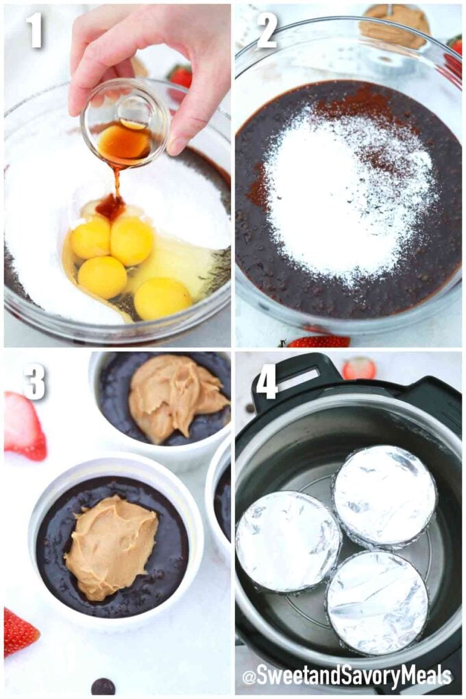 photo collage of steps how to make instant pot peanut butter lava cake