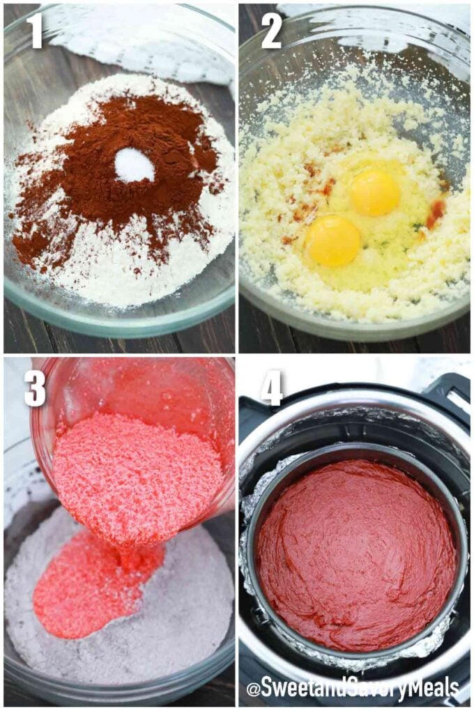 photo collage of steps how to make slice of pressure cooker red velvet cake with cream cheese frosting