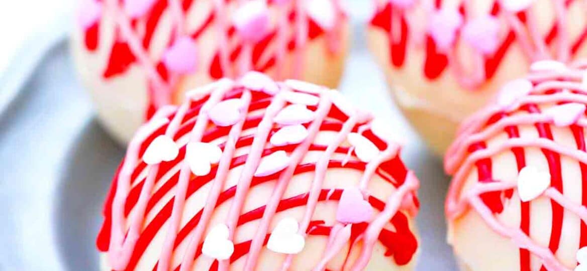 valentine’s day hot chocolate bombs with heart sprinkles