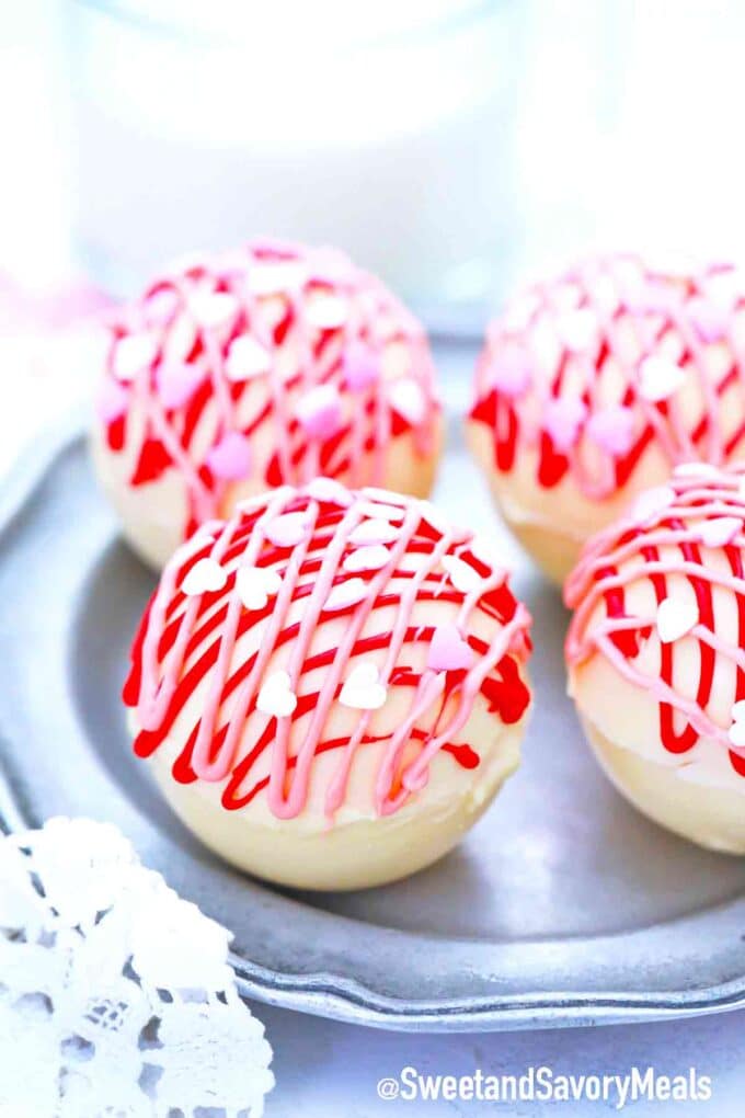 valentine’s day hot chocolate bombs with heart sprinkles