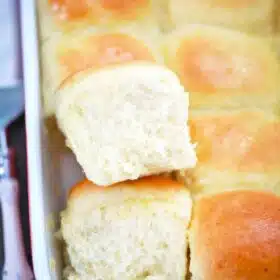 pan of fluffy potato dinner rolls