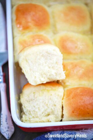 pan of fluffy potato dinner rolls