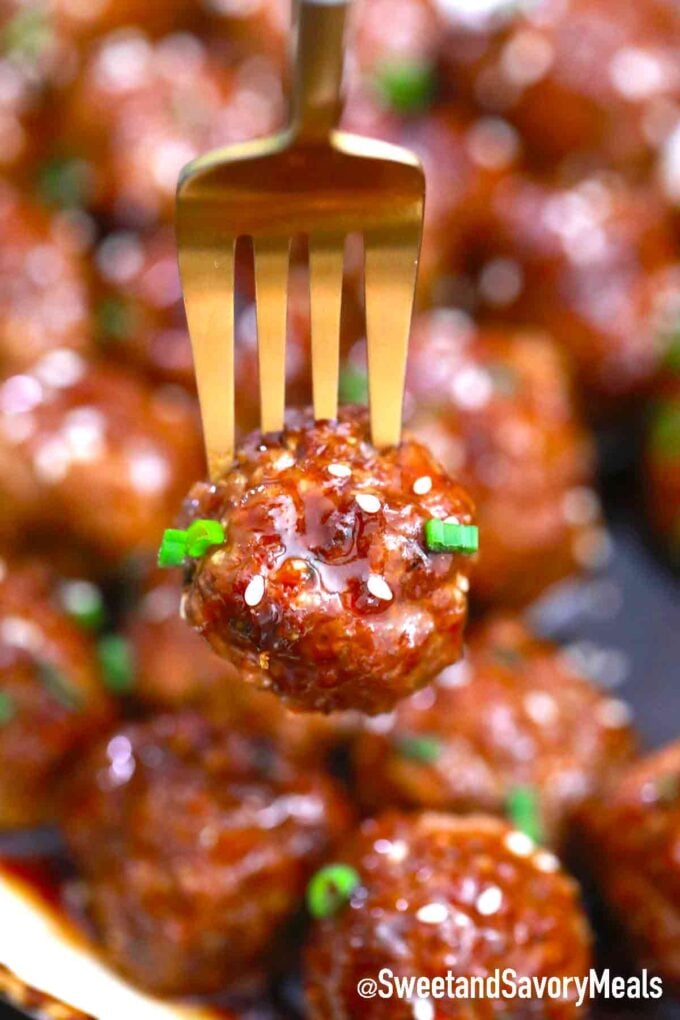 a fork with a saucy Mongolian meatball