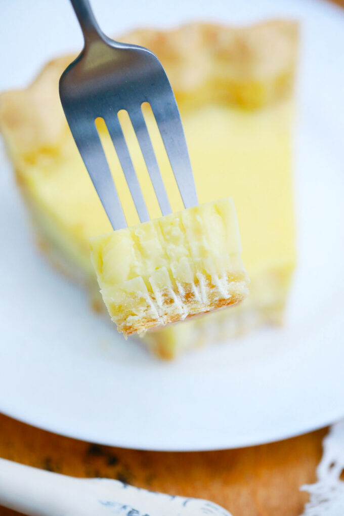 A bite of creamy Amish custard pie.