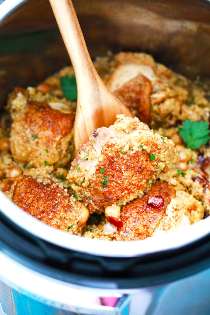 Healthy instant pot moroccan chicken with quinoa and chickpeas.