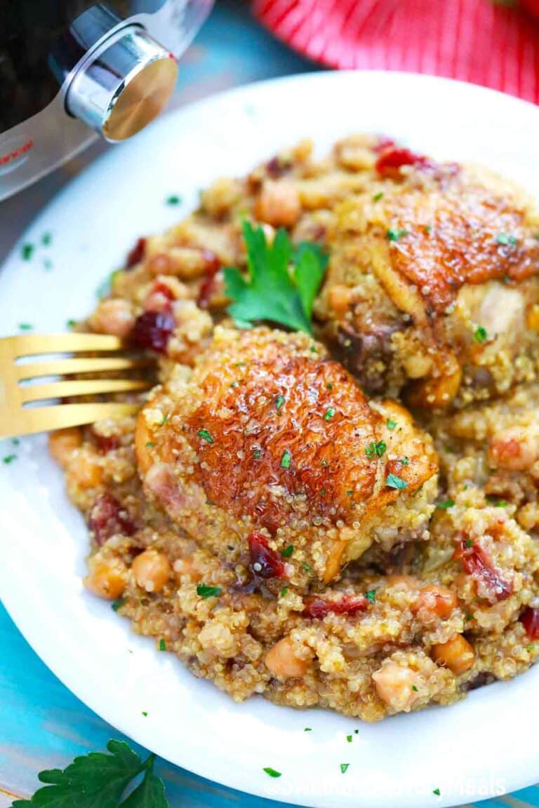 a plate of pressure cooker Moroccan chicken thighs