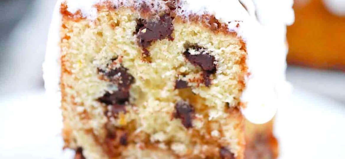 a slice of coffee cake with chocolate chips