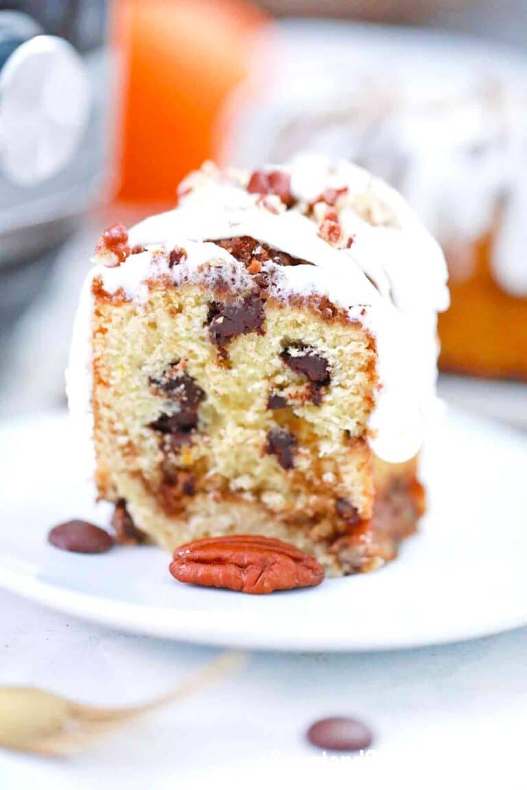 a slice of coffee cake with chocolate chips