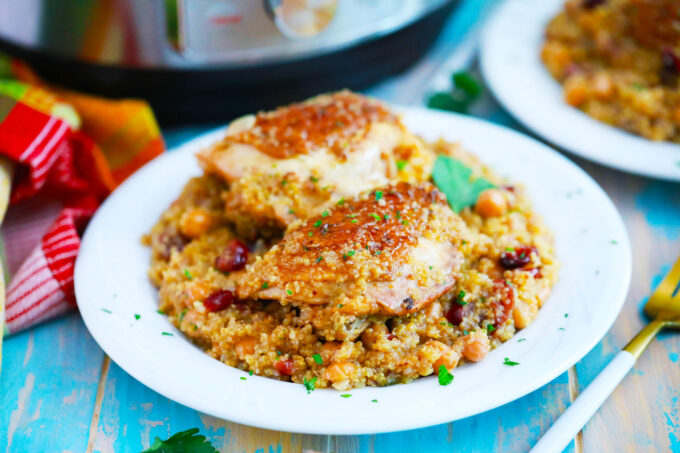 A plate of instant pot moroccan chicken.