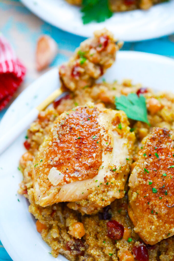 Crispy instant pot moroccan chicken with quinoa and chickpeas.