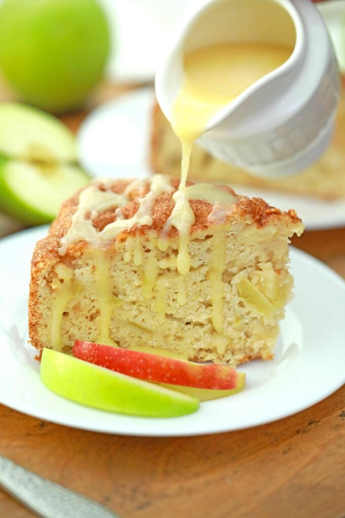 pouring custard on apple cake