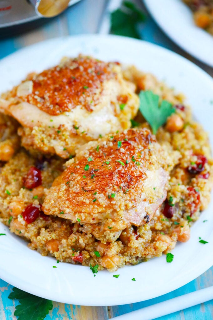 Homemade instant pot moroccan chicken with quinoa, chickpeas, and dried cherries.