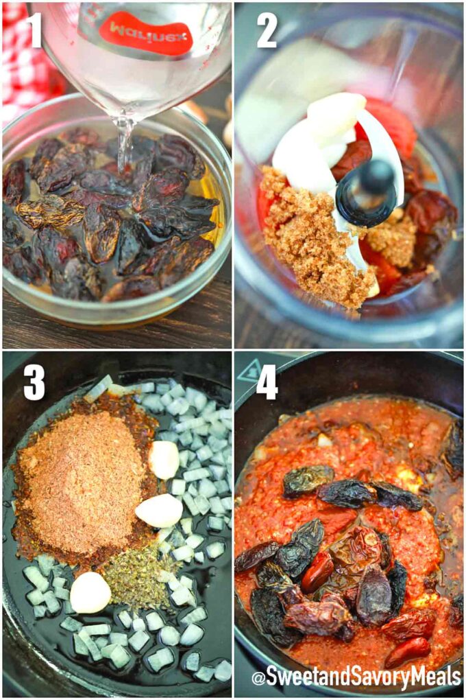 photo collage of steps how to make chipotles in adobo sauce