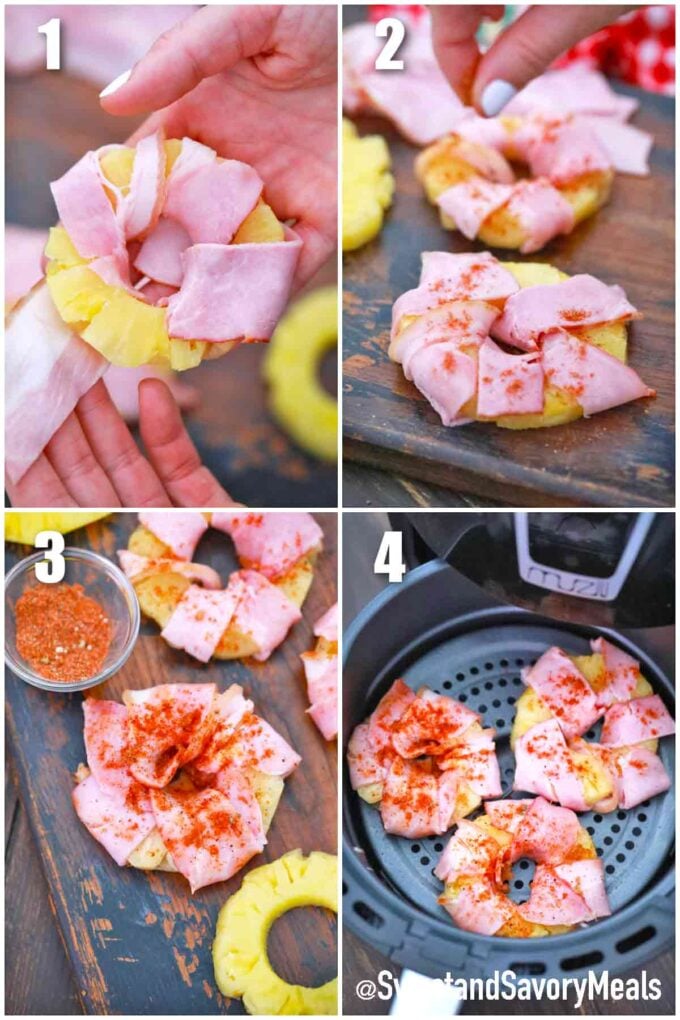 photo collage of steps how to make bacon wrapped pineapple