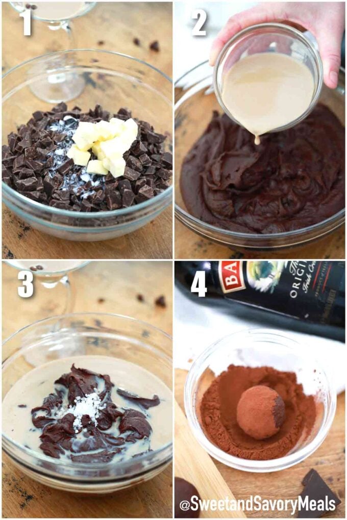 photo collage of steps how to make baileys chocolate truffles