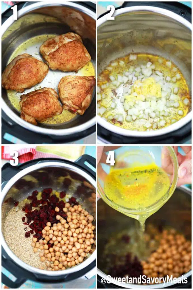 photo collage of steps how to make instant pot Moroccan chicken