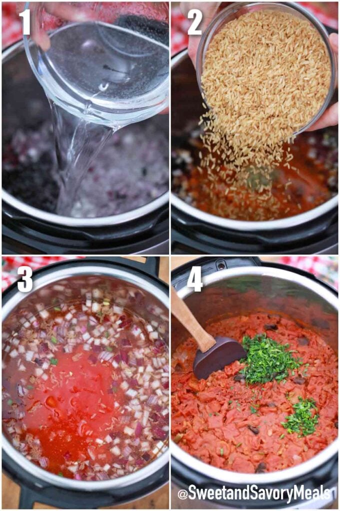 photo collage of steps how to make pressure cooker rice and beans