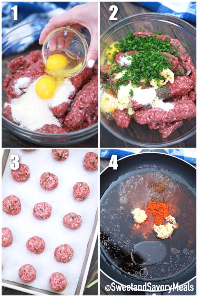photo collage of steps how to make mongolian meatballs