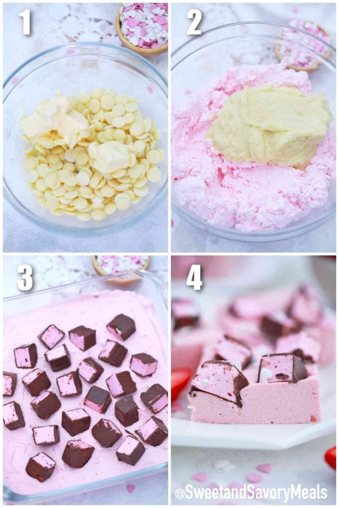 photo collage of steps how to make strawberry fudge